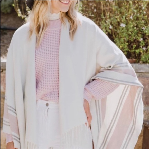 Boho Wrap w Fringe in Cream, Pink and Light Gray - Picture 2 of 5